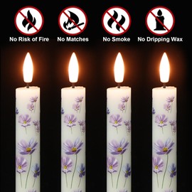 DRomance Flickering Flameless Taper Candles with Remote and Timer, 4 Pack Real Wax Battery Operated LED Taper Candles 3D Wick Purple Flower Decal Dinner Wedding Spring Home Decor(0.75" D x 9.65" H)