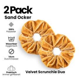 Leirinik Velvet Scrunchie Hair Scrunchie | 14 cm Sand Ochre Pack of 2 | Soft High-Quality Velvet Made of 100% Polyester | for Girls and Women - All Hair Types