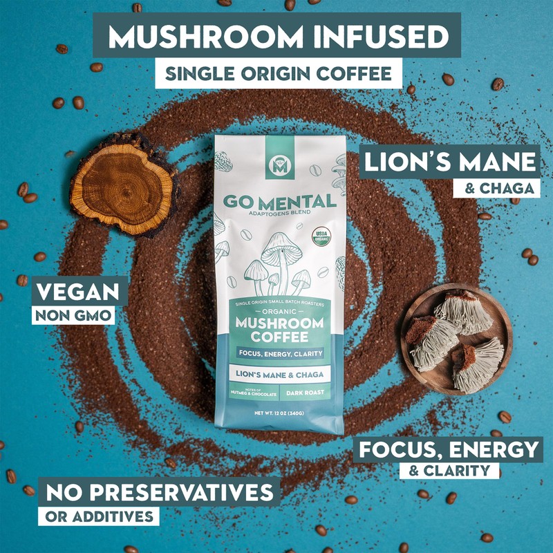Organic Lion's Mane & Chaga Mushroom Coffee Ground Dark Roast,