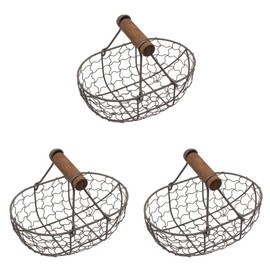 Angoily Pack of 3 Wire Egg Basket with Wooden Handle Country Vintage Style Egg Collection Basket Wire Storage Basket Vegetable Container for Carrying Collecting Chicken Eggs