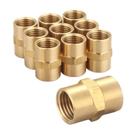 Coupling 1/4 Inch NPT Female x 1/4 Inch NPT Female Brass Hex Head Straight Compression Connector Fitting for Gas and Fluid Systems, (10 Pack)