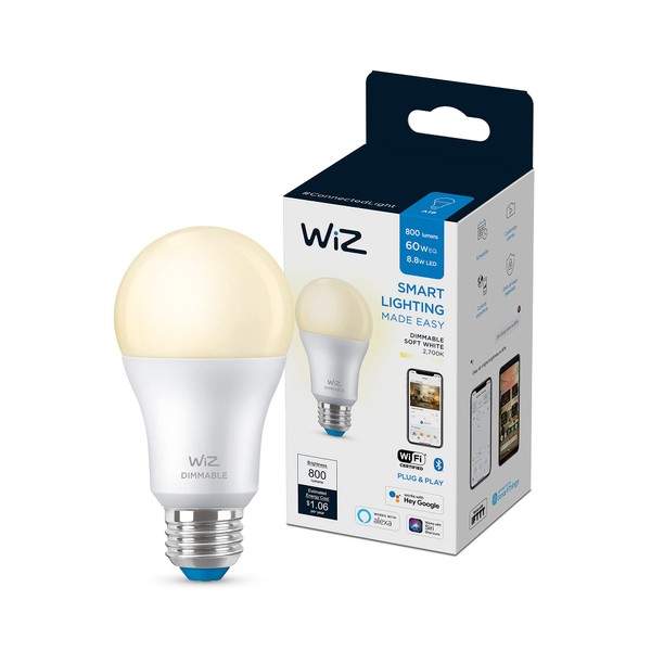 WiZ 60W A19 Soft White LED Smart Bulb - Pack of 6 - E26- Indoor - Connects to Your Existing Wi-Fi - Control with Voice or App + Activate with Motion - Matter Compatible