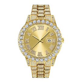 SENRUD Men's Diamond Watch Fashion Crystal Rhinestone Quartz Analog Watch Iced-Out Bracelet Wrist Watch (A Gold)