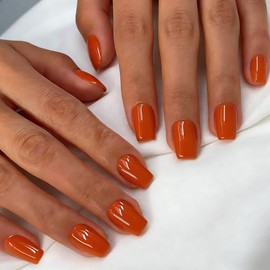 Uñas postizas de gel suaves, cortas, cuadradas, color naranja coral, con cobertura total, acrílicas brillantes, con pegamento, reutilizables, fáciles 