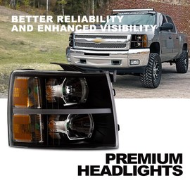 CNNELL LED DRL Headlight Assembly Compatible with 2007-2013 Chevy Silverado Headlights Bumper Lamp Set Replacement (LED Clause Type Clear lens Black Housing Amber Reflector) Left+Right
