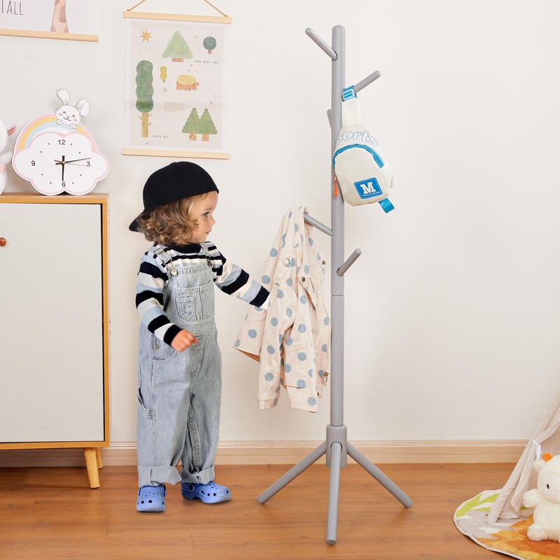 Kid's Coat Rack Stand Beech Wood Coats Tree, Height Adjustable