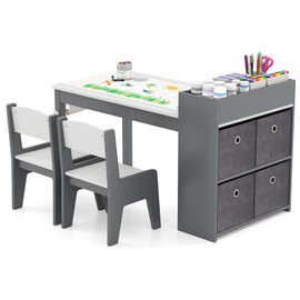 KOTEK Kids Art Table and Chair Set, Kids Craft Table with Paper Roll, 2 Chairs & 4 Storage Bins for Drawing, Reading, Learning, Toddler Activity Play Desk for Playroom or Classroom (Grey)