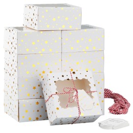 KGVZPT 24 Pack 6X6X3 Christmas Cookie Boxes with Window,Gift Giving Gold Foil Star White Bakery Boxes for Mini Cake Pastry,Dessert Cupcakes,Candy Donut Packaging.