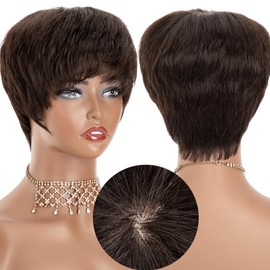 Lovenea Human Hair Short Wigs for Black Women Straight Pixie Cut Short Human Hair Wigs with Scalp Top for Black Women Straight Hairstyles Layered Short Wig Pixie With Bangs (Pixie-Natural Black)