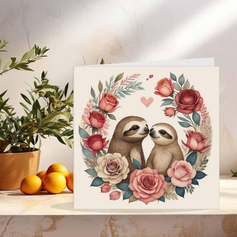 Sloth Anniversary Card - Cute Sloths Roses Valentines Cards 145mm