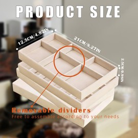 Lijinhe Velvet Jewelry Box Organizer Set of 4 Trays – Soft Fabric Drawer Compartments for Bracelets, Earrings, Rings | Beige, Includes 6-Slot, Open, 18-Slot & 3-Section Trays