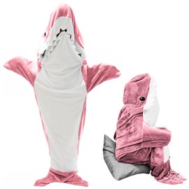 HINATAA Shark Blanket with Hood, Onesie Shark Blanket, Sleeping Bag, Soft, Flannel, Shark Blanket with Hood, Wearable Shark Tail Onesie Blanket (67 x 27.5 inches), Pink)