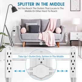 K KASONIC 3 Prong 12 Feet Twin Extension Cord Power Strip, 6 Feet on Each Side, Flat Head Outlet Plug, 6 Outlets, Double Extension Cord Splitter for Indoor Use, ETL Listed, White