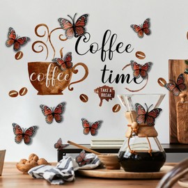 AHQKCRF 3D Butterfly Coffee Bar Wall Stickers Decor Dining Room Decor Wall Decals Peel and Stick Removable DIY Coffee Station Wall Art Decorations for Kitchen Bedroom Living Room Office