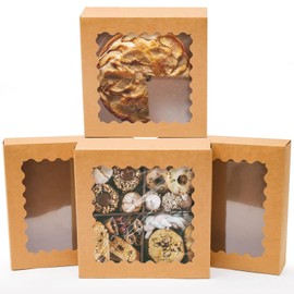 qiqee Auto-pop Up Brown Pastry Box With Window 8x8x2.5 Inch Donut Pie Boxes 30pcs Bakery Box