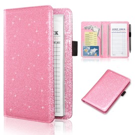 ACdream Server Books for Waitress, Guest Book Note Pad, Cute Pocket Leather Money Organizer Wallet, Cash Check Bill Receipt Holder Presenter, Waiter Accessories, Glitter Pink