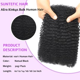 Afro Kinkys Bulk Human Hair For Braiding, 50 Gram Afro Kinky-Curly Human Hair Bundles For Mini Twists Braids Dreadlock Extensions Locs Repair Can Dye And Bleach (1B, 16 Inch (Pack of 1))