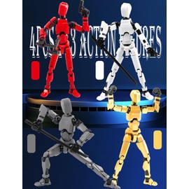 Sulliwayu 4PCS Assembled Titan T13 Action Figures Set Lucky Dummy Nova 13 Action Figure Robot Anime Stick Figures Fidget Toys for Boys Multi Movable Joints Gifts Toys for Kids (Golden+White+Grey+Red)