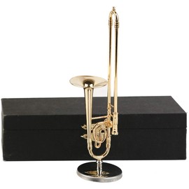 Dselvgvu Miniature Trombone with Stand and Case Brass Mini Musical Instrument Replica Collectible Figurines Dollhouse Accessories Model Home Decorations Display Ornaments (5.91"x1.25" Trombone)