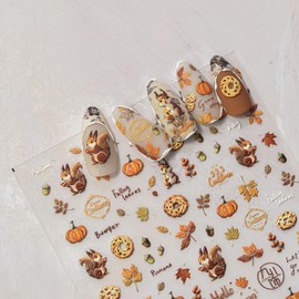 1 Sheet Fall Nail Art Stickers Cute Squirrel Pumpkin Nail Decals Autumn Pine Cones Maple Leaves Design 3D Self-Adhesive Thanksgiving Nails Stickers Manicure Sticker Accessories for Women Nail Art