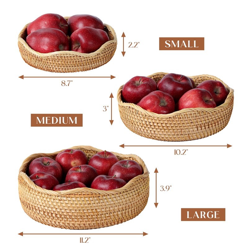 YANGQIHOME Rattan Bread Basket, Round Fruit Baskets, Scalloped Wicker Storage