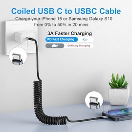 Cable USB C a C de 3 pies, paquete de 2 cables de carga USB C en espiral para automóvil tipo C, cable de carga rápida para iPhone 17/16/15/Plus/Pro/Pr