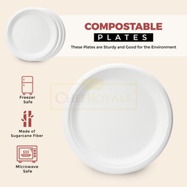 CHEF ROYALE 9 inch/23cm Disposable Bagasse Sugarcane Plates, Pack of 200 Large White Plates Perfect for Everyday Use Christmas Party, Birthday Party Use for Hot & Cold Food