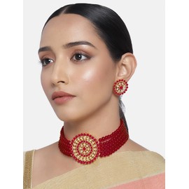 Aheli Pearl Diamond Choker Necklace with Round Earrings Gift for Women Indian Traditional Bollywood Fashion Jewelry Set (Red)