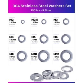 ANVINKU Washers Set, 750 Pieces Flat Washers Stainless Steel, 9 Sizes Washers Assortment, Stainless Steel Washers for Screws, Washer M2 M2.5 M3 M4 M5 M6 M8 M10 M12