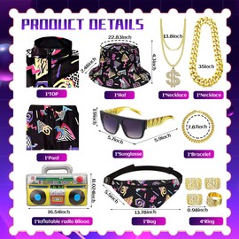 VillbeCoser 80s 90s Outfit for Men Tracksuit Costume, Hip Hop Hat Fanny Pack Ring Bracelet Gold Chain Rapper made in China