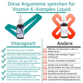 VITARAGNA Vitamin K2 Forte Drops Liquid, K1 and K2 K Complex - Menaquinon MK7, High Dose Liquid Dissolved in MCT Oil and Bioactive MK-7 Form, 20 ml