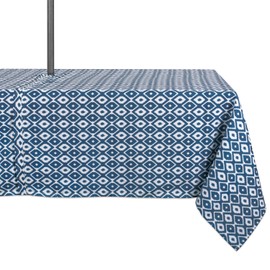 DII 100% Polyester, Spill Proof and Waterproof, Machine Washable, Outdoor Tablecloth with Zipper and Umbrella Hole, 60x84, Blue Ikat, Seats 6 to 8 People