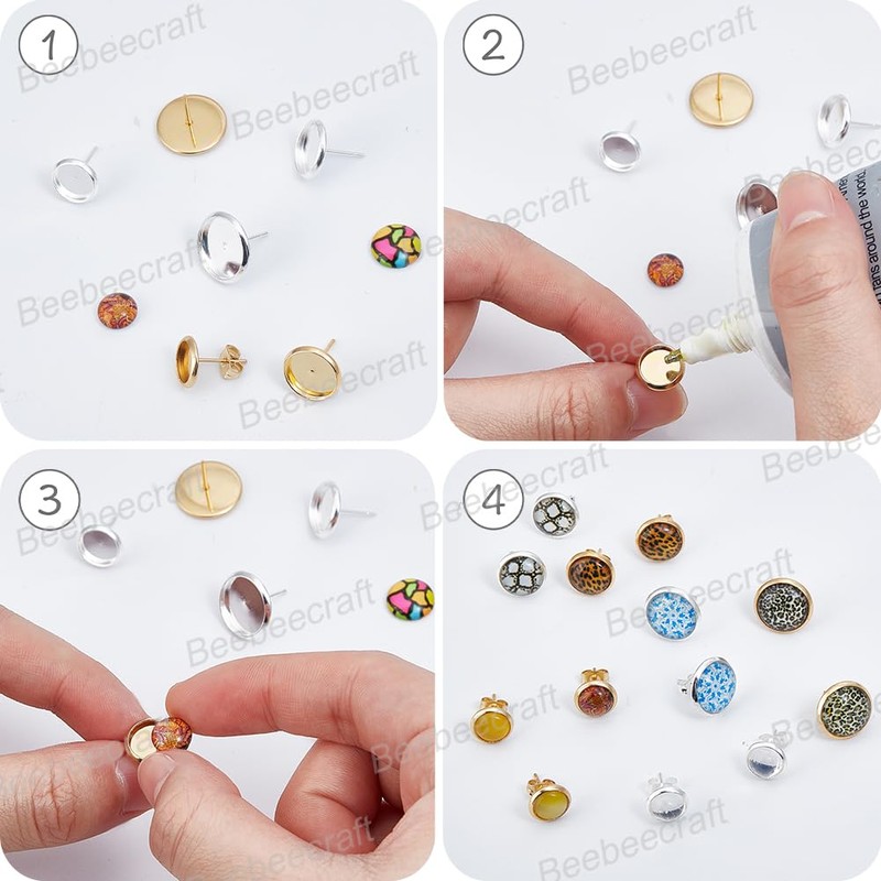 Beebeecraft 1 Box 60Pcs Cabochon Stud Earring Blanks 18K Gold