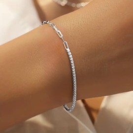 IPEPPY Moissanite Tennis Bracelets for Women 925 Sterling Silver Imitation diamond CZ Bracelet 14k Gold Plated Stacking Paperclip Classic Charm Bracelet Wedding Jewelry Gifts for Mom Daughter (Silver)