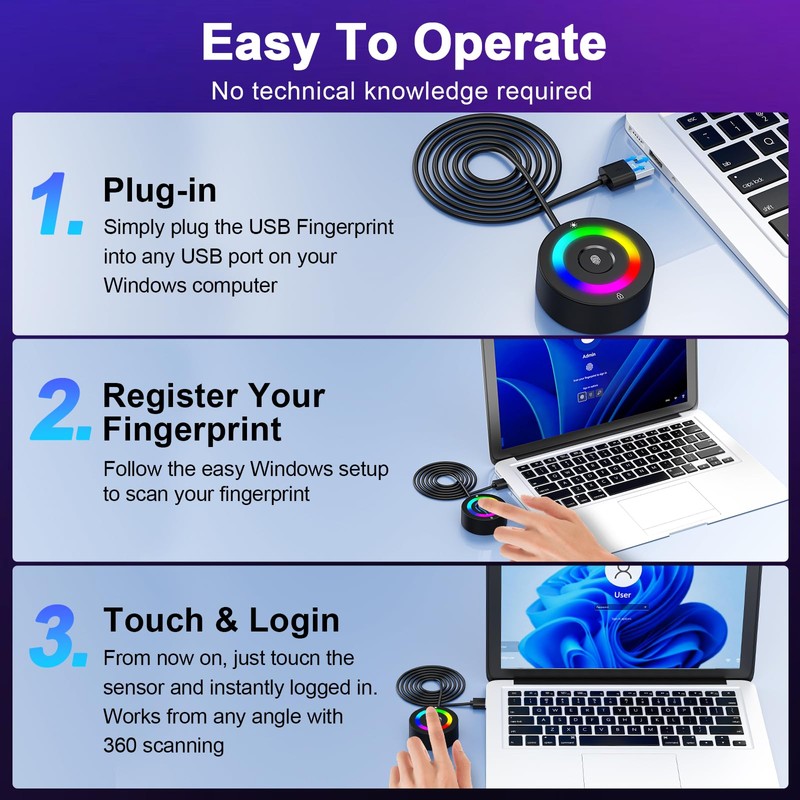 USB Fingerprint Reader for Windows 10/11/12 ONLY, RGB Light Up