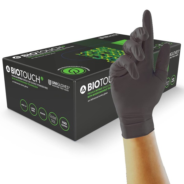 Unigloves BioTouch Nitrile Disposable Gloves - Biodegradable, Multipurpose, Medical Grade Examination Gloves - Box of 100 Gloves, Black, Large (GM0094)