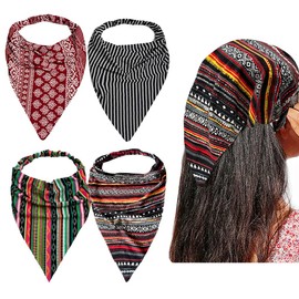 DINPREY Elastic Hair Scarf Headbands Hair Bandanas Scarf Wave Floral Head Kerchief Headbands for Women Girls (Wave Paisey 4Pcs, Long)