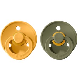 BIBS Colour Paquete de 2 chupetes. Libre de BPA, Tetina redonda. Látex natural, Talla 1 (0-6 meses) Honey Bee/Olive