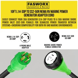 L14-30 Generator Cord 30 Amp to 50 Amp Cord - Marine Grade L14 30P Generator to House Power Cord - L14-30P to SS2-50R Male to Female 4 Prong Twist Lock L1430p Generator Plug 125V/250V 10 Ft