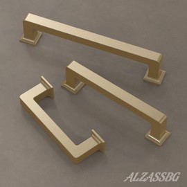 Alzassbg 10 Pack Brushed Gold Cabinet Pulls, 5 Inch(128mm) Hole Centers Cabinet Handles Square Kitchen Hardware for Cabinets AL3046BG