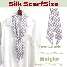 Deokke Head Hair Scarf Neck Silk Feeling Scarves Long Thin Satin Fashion Handbag Cute Decoration Women Girls 59 * 6.7''-Purple Checkered