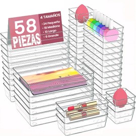 58 PCS Organizadores de Cajones de Plástico Transparente, Organizador de Maquillaje Cajones, 4 tamaños, para Tocador de Baño, Maquillaje,...          