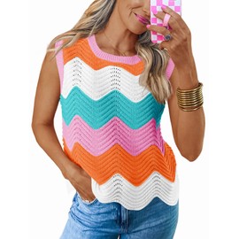Saodimallsu Womens Summer Striped Tank Top Sleeveless Rainbow Knit Crew Neck Color Block Going Out Cropped Sweater Vest