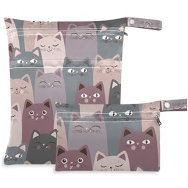 visesunny Funny Grey Cat 2Pcs Wet Bag with Zippered Pockets Washable Reusable Roomy for Travel,Beach,Pool,Daycare,Stroller,Diapers,Dirty Gym Clothes, Wet Swimsuits, Toiletries