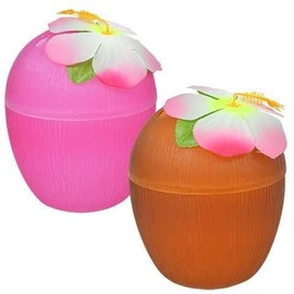 JF- Coconut Shaped Plastic Cups 13oz, Pink & Brown Cups w/Hibiscus Flower Hawaiian Luau Tiki Party, Set of 2