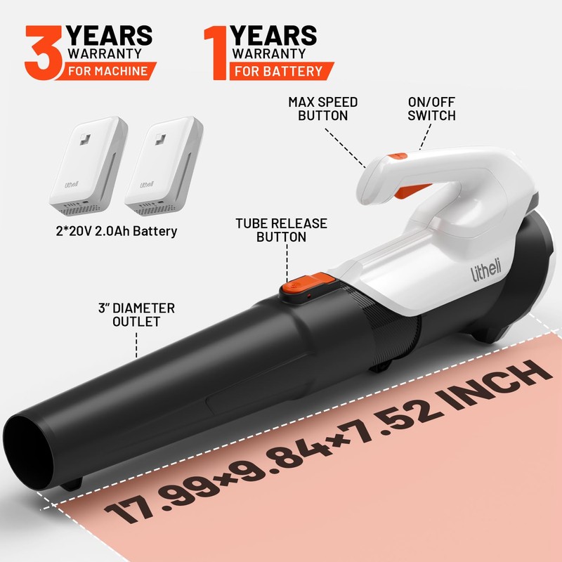 Litheli 20V Cordless Leaf Blower, Dual 2×2.0Ah Batteries Included, 350CFM/85MPH,