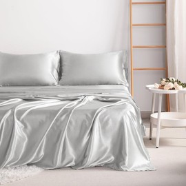 NTBAY 4-Piece Silky Satin Bedding Sets, Super Cool, Breathable and Soft, Frictionless Skin-friendly and Anti-acne, Luxury And Silky With Natural Sheen, Black Friday, Christmas Gift - Color: Silver Gray, Bedding Size: King