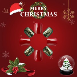 Christmas Tree Press on Nails Curve Line Design 24Pcs Gold Glitter False Nails Glossy Lattice Acrylic Fake Nails Sparkly Stars Gel Glue on Nails Xmas Tree Stick on Short Square Nail for New Years Gift