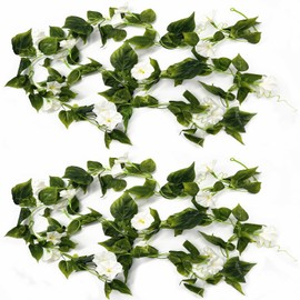 Artificial Morning Glory Flower Vines, Fake Hanging Plants Silk Garland Ivy Faux Green Leaves Vine Decoration for Home Bedroom Wedding Party Garden Wall Fence Stairway Baskets Decor White 2 Pack