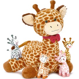 MorisMos Big Giraffe Teddy Stuffed Animal, 50cm Mom Giraffe with 4 Baby Inside, Cuddly Fluffy Giraffe Plush Soft Toys Giant Giraffe Teddy Present for Kids Birthday Christmas Deco
